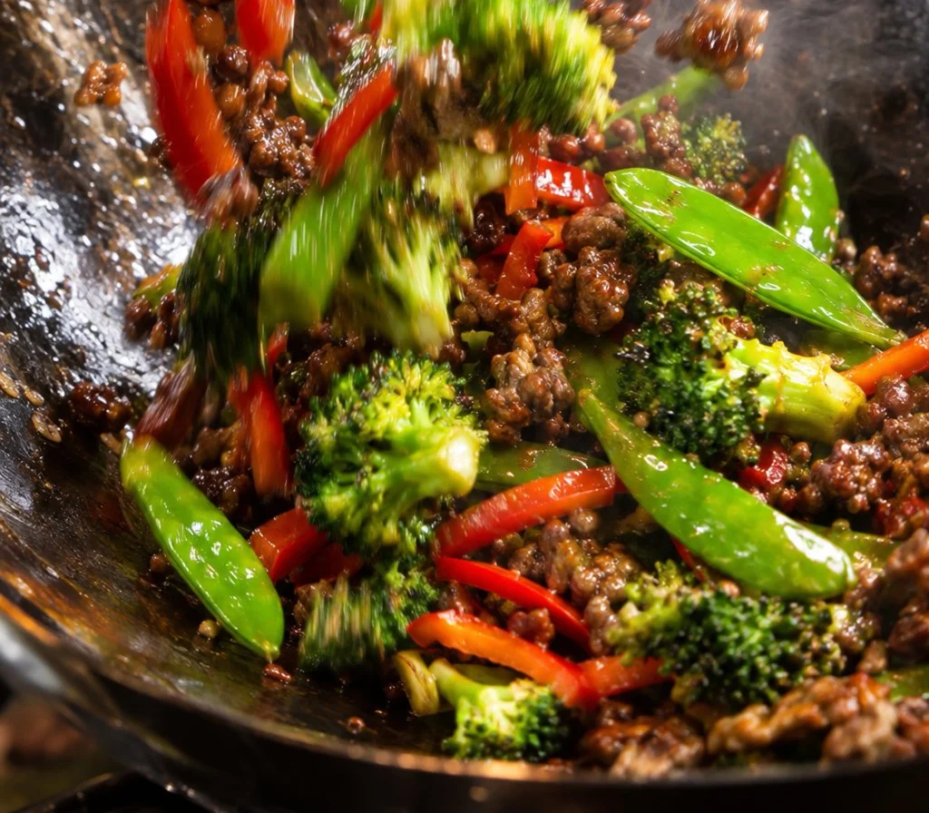 stir-frying-vegetables-with-beef 3 Stir-frying vegetables with browned ground beef in a wok