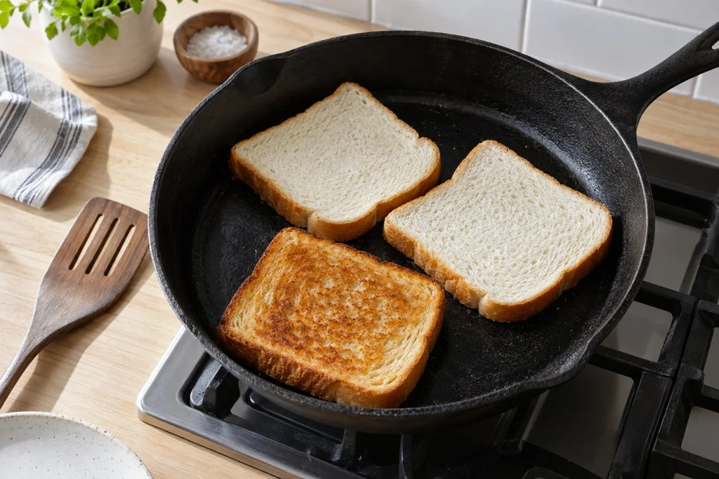 toasting-bread-for-egg-sandwich. 6 Toasting one side of soft bread for egg sandwiches
