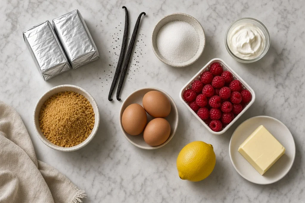 Ingredients for vanilla bean cheesecake with raspberry coulis