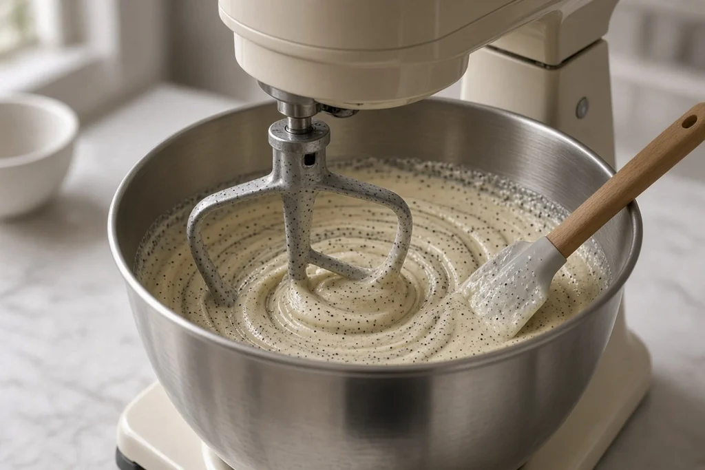 Smooth cream cheese batter with vanilla seeds in a mixer bowl