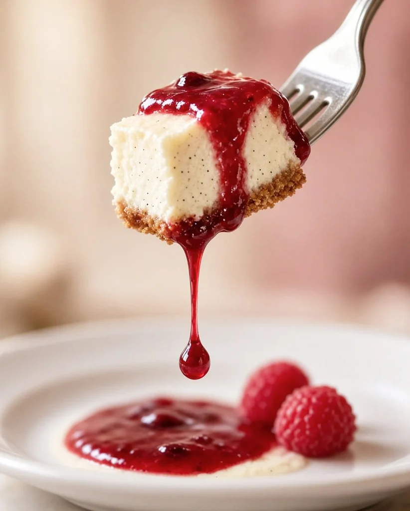 Close-up of vanilla bean cheesecake with raspberry coulis on a fork