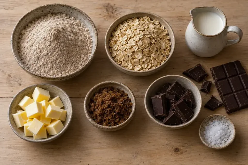 Ingredients for wholewheat digestive biscuits with dark chocolate
