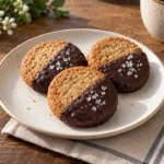 Three dark chocolate digestive biscuits on a plate