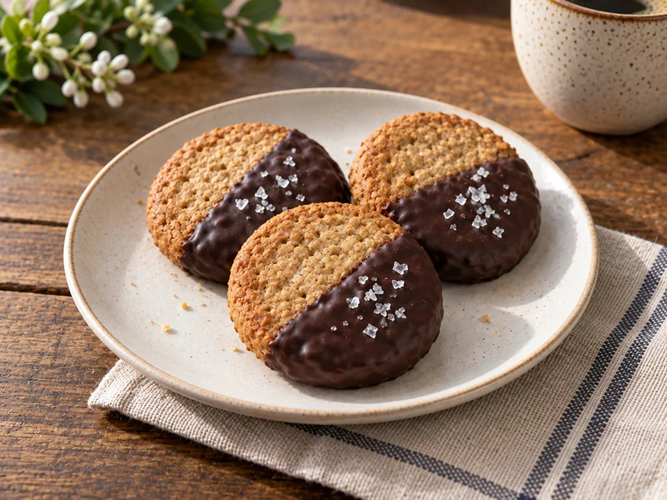 Three dark chocolate digestive biscuits on a plate