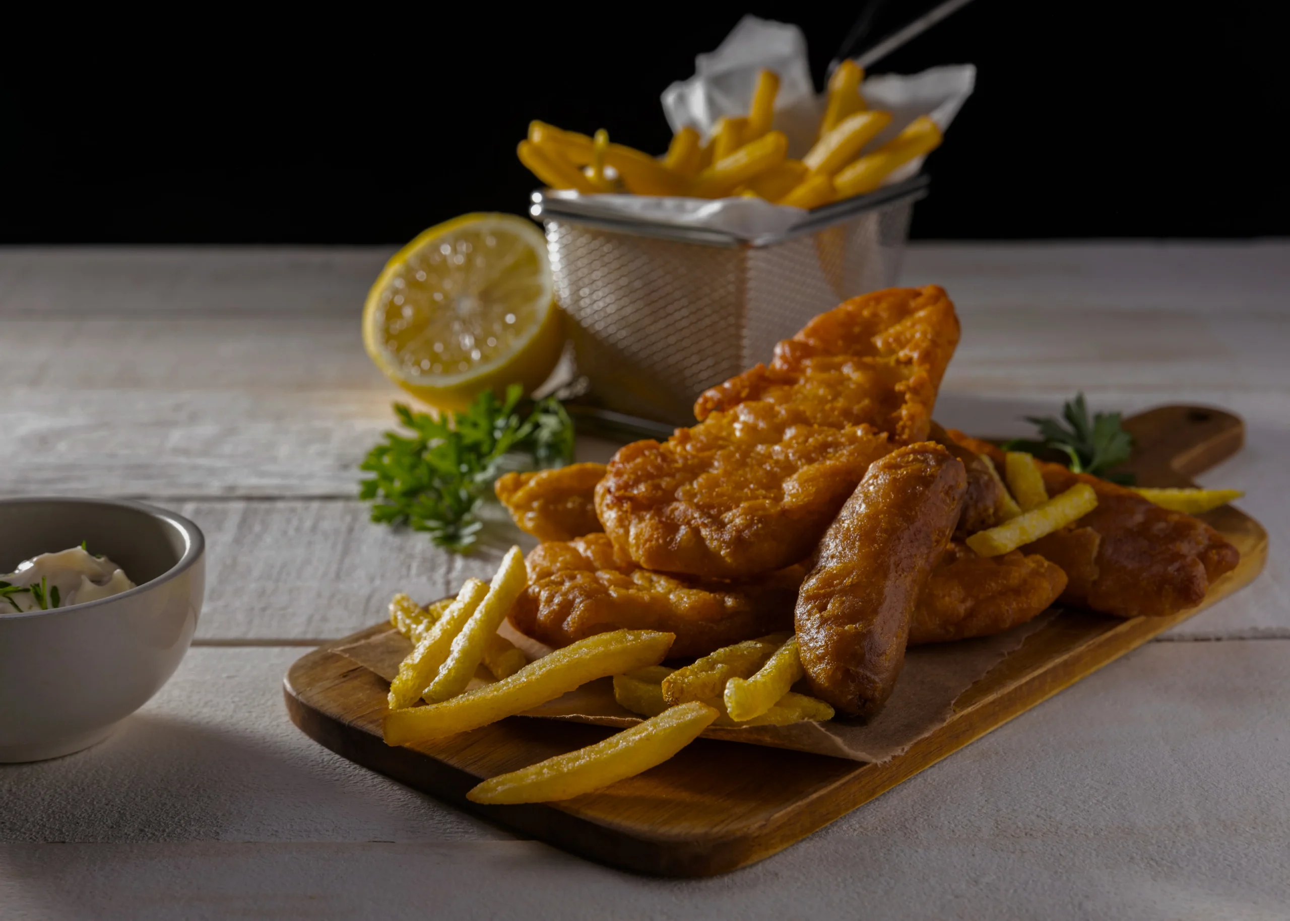 Traditional British fish and chips on a rustic plate with lemon wedges and fresh parsley