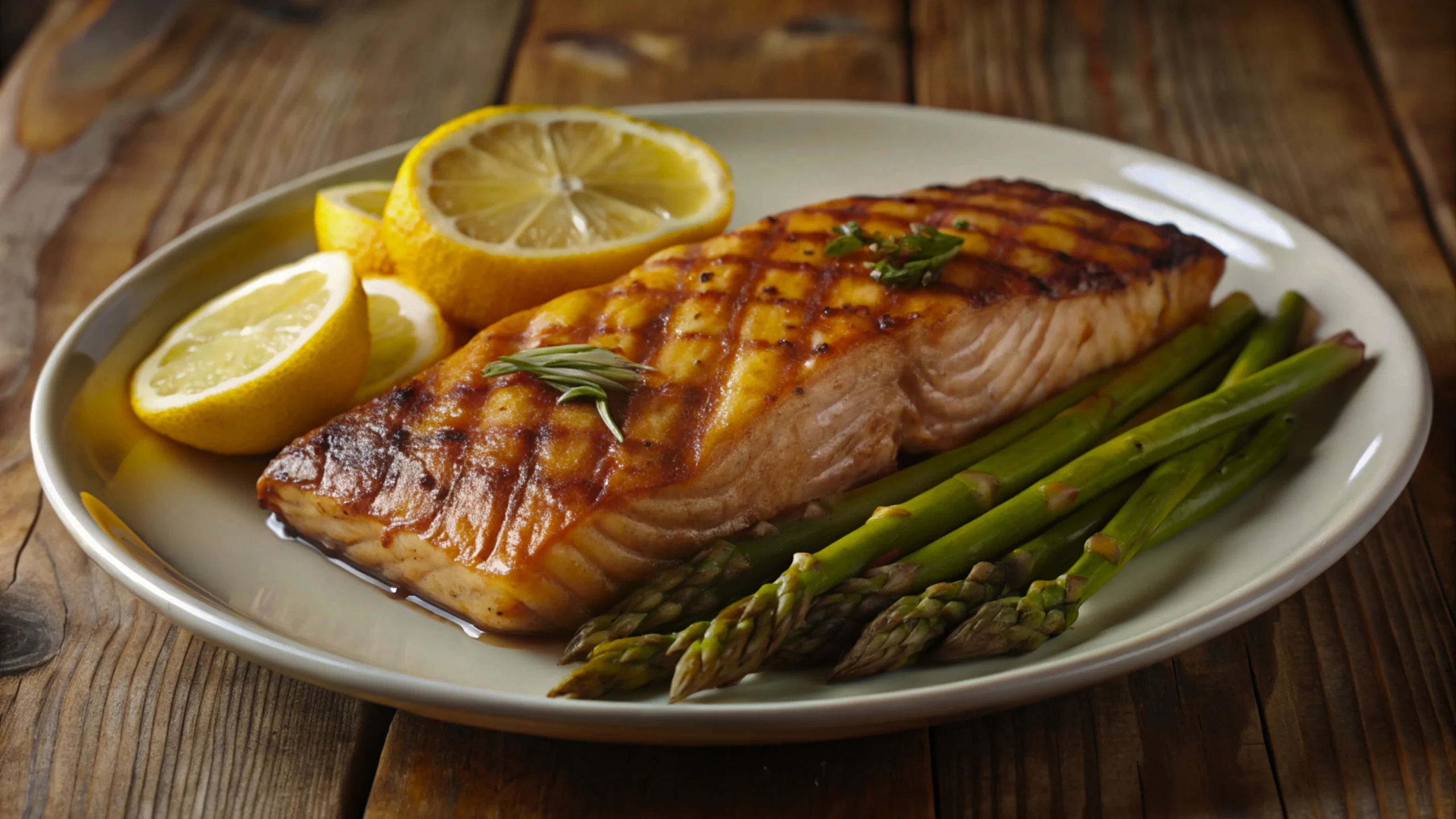 A plate of grilled salmon with lemon slices, fresh dill, and melted herb butter on a white ceramic plate.