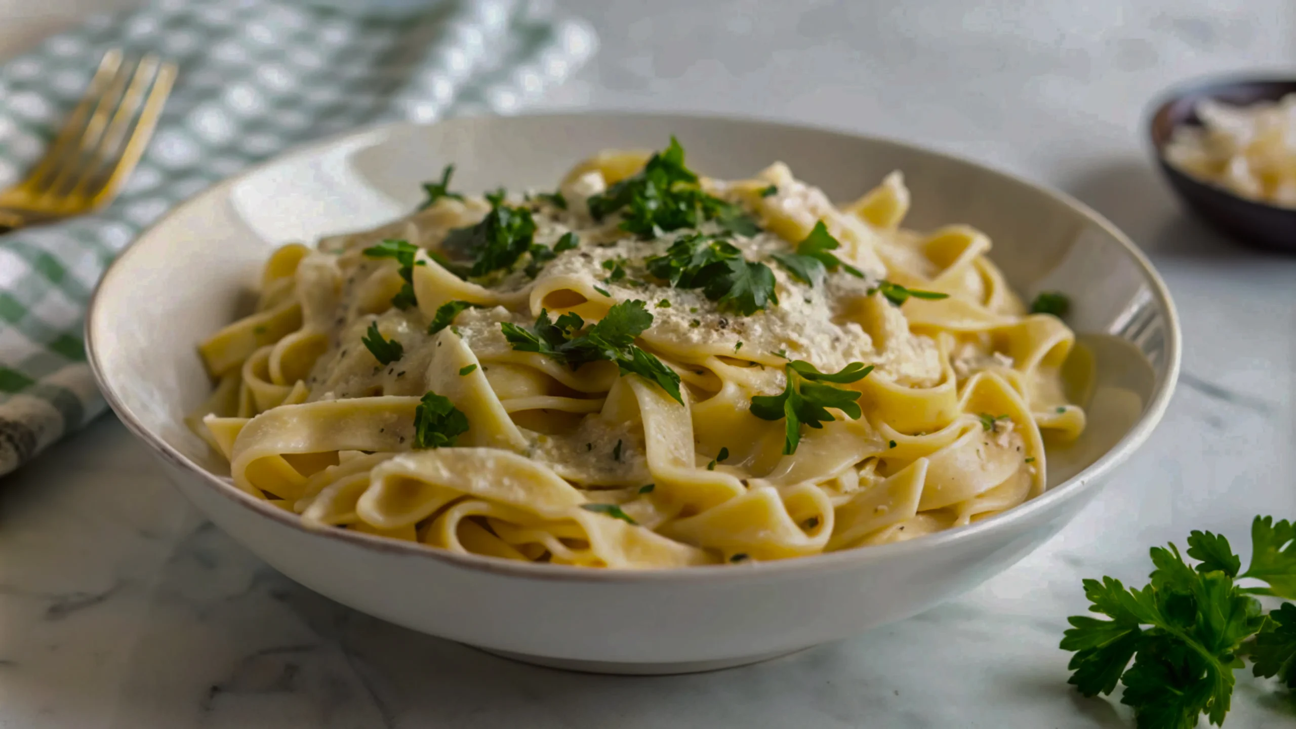 Close-up of golden brown sliced mushrooms tucked into a silky parmesan cream sauce over pasta noodles.