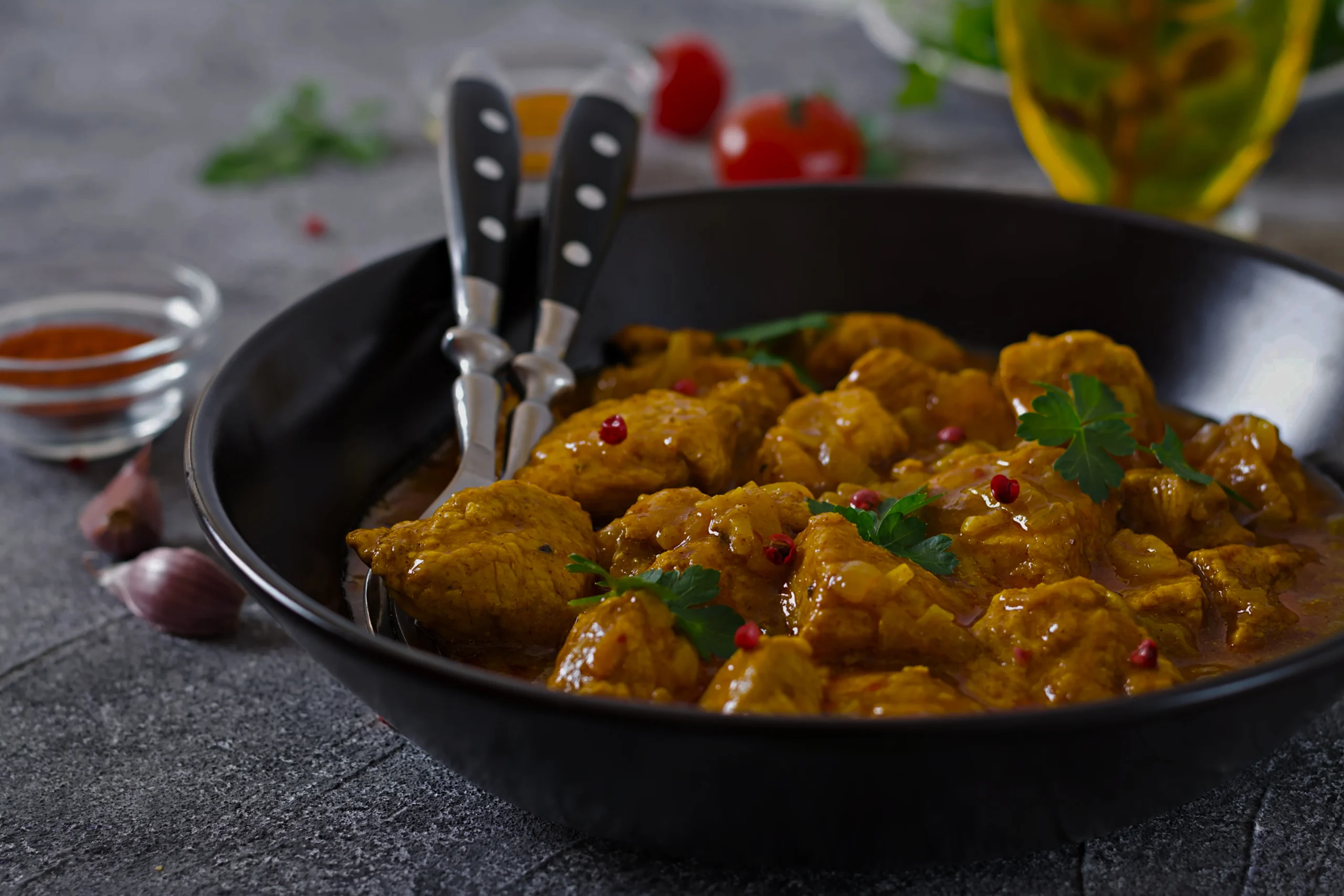 Authentic butter chicken served in a copper bowl with charred garlic naan and a side of basmati rice.