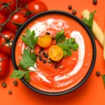A bowl of vibrant red homemade tomato soup garnished with cracked black pepper and a sprig of fresh basil.