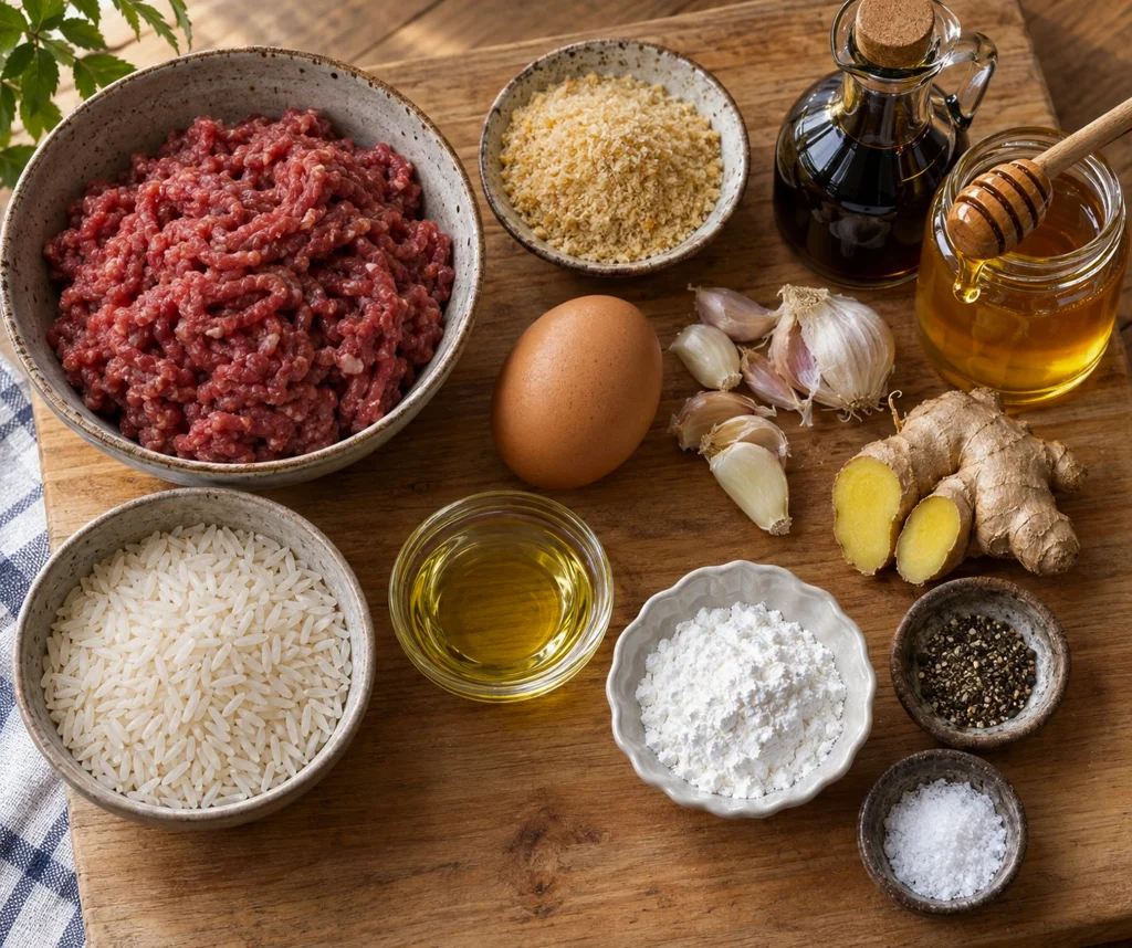 Ingredients for teriyaki meatballs including ground beef, soy sauce, honey, and ginger