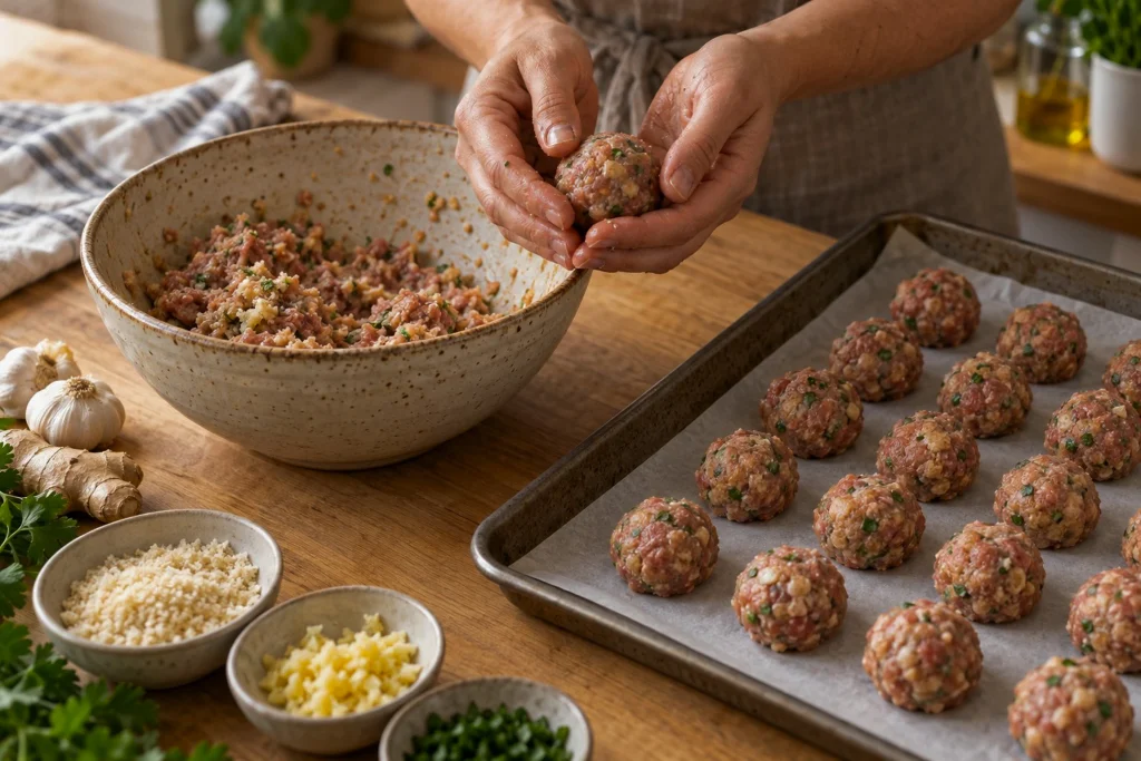 Rolling meatball mixture into evenly sized balls