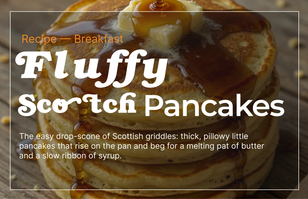 Group 1 hro Stack of golden Scotch pancakes with melting butter and maple syrup
