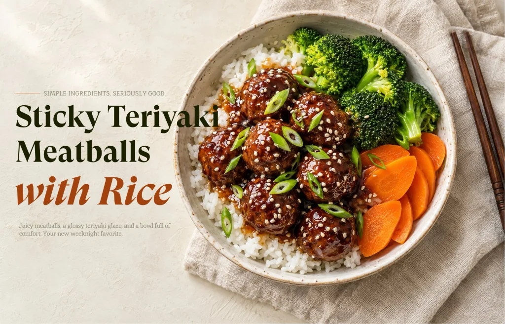 Sticky teriyaki meatballs served over rice with broccoli and sesame seeds