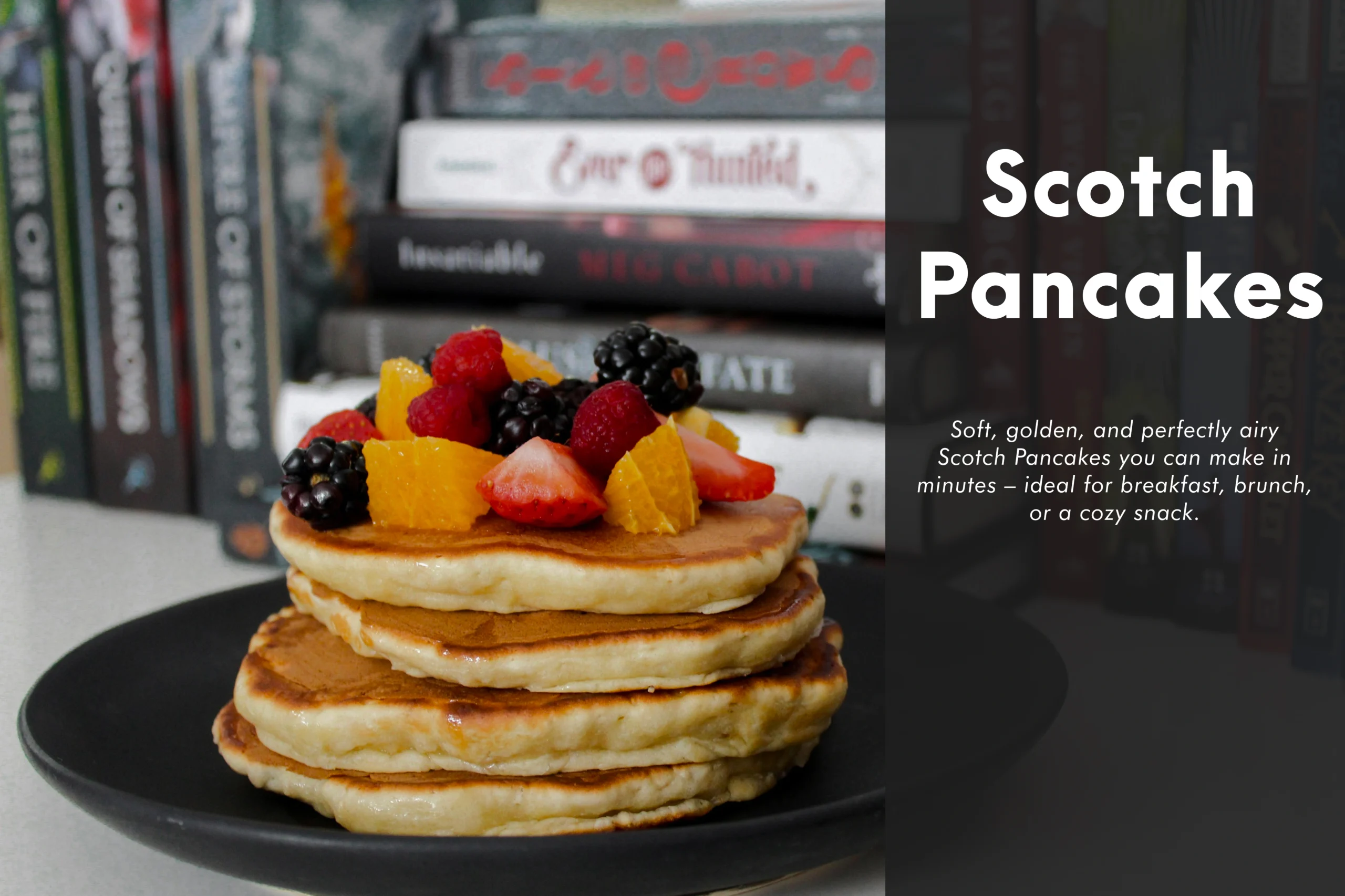A stack of fluffy Scotch Pancakes (drop scones) served warm with melting butter and maple syrup, soft golden breakfast pancakes perfect for an easy homemade brunch