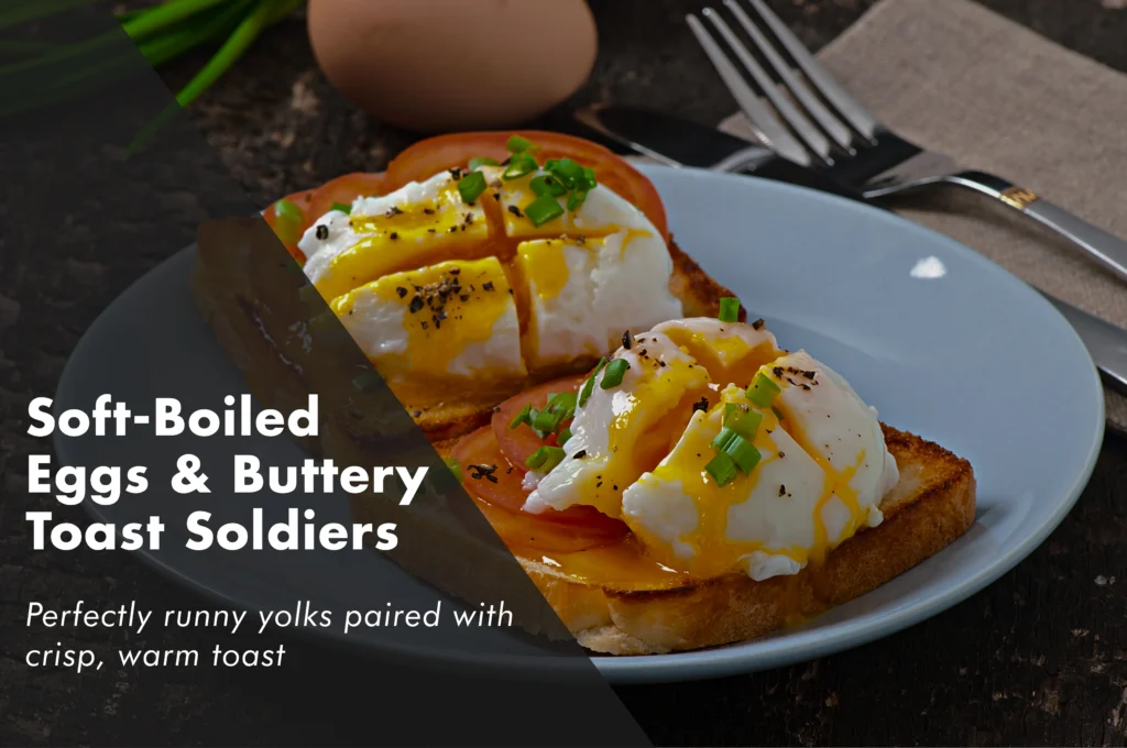 Golden Dippy Eggs & Crisp Soldiers Gourmet 6-minute soft-boiled eggs in ceramic cups with runny golden yolks and buttered sourdough toast soldiers for dipping.