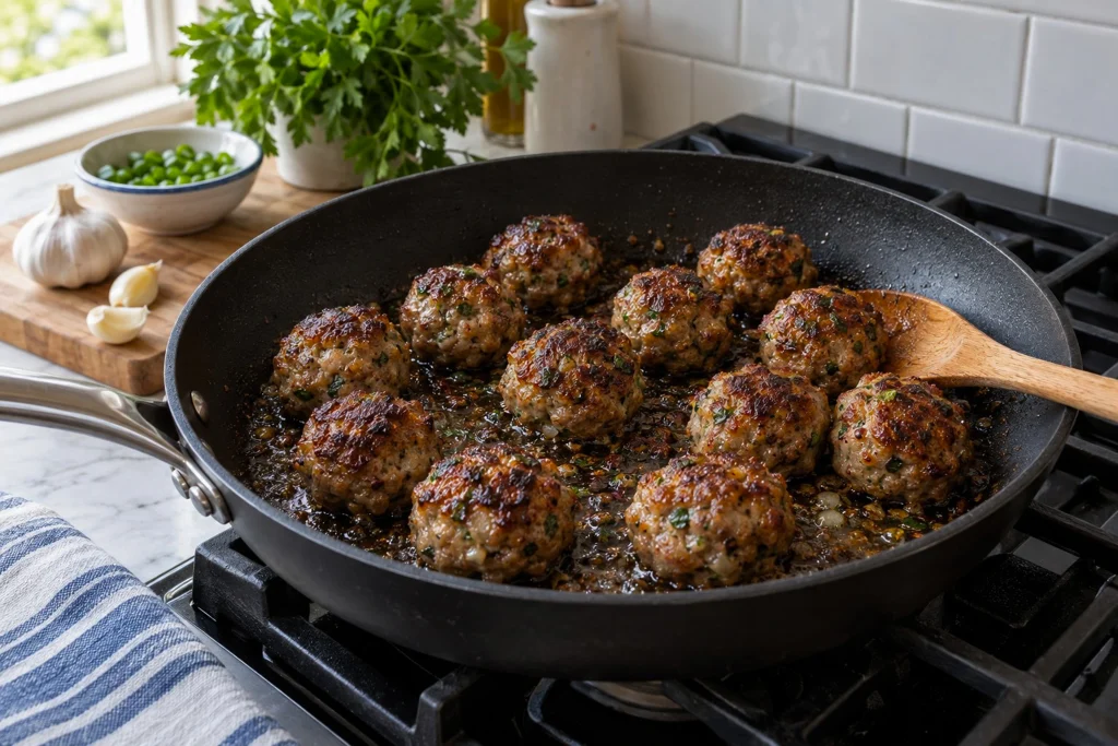 Meatballs browning in a non-stick pan