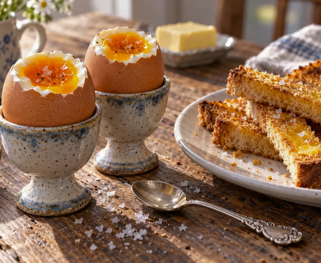 Dippy eggs in egg cups served with buttered toast soldiers