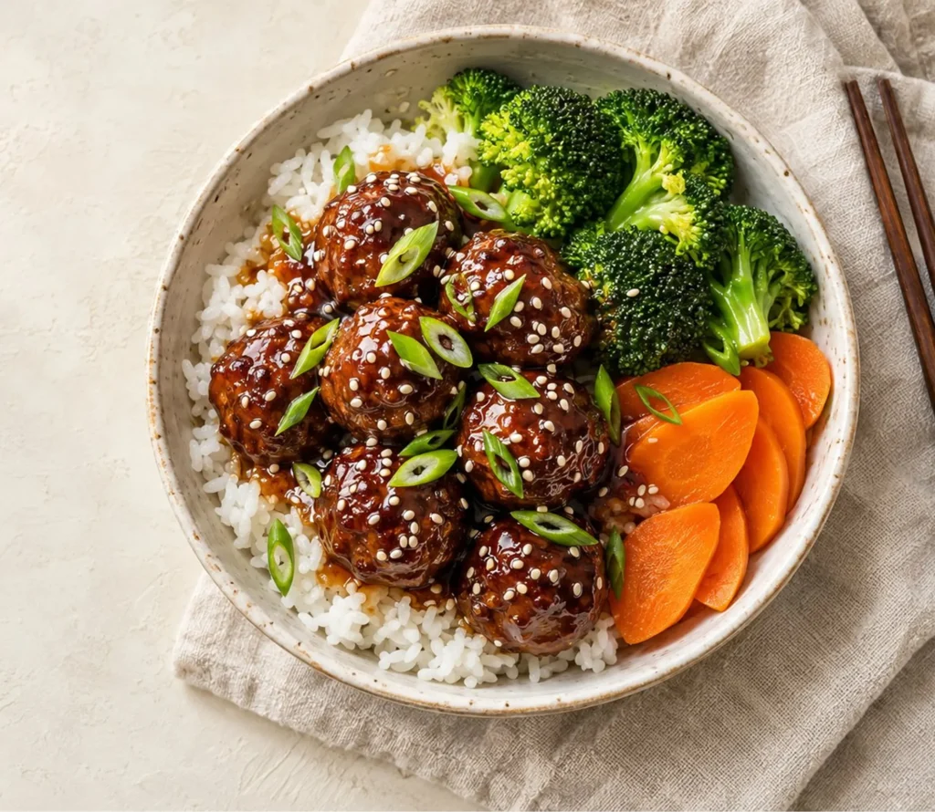 Sticky teriyaki meatballs with a glossy glaze served over rice with broccoli and sesame seeds