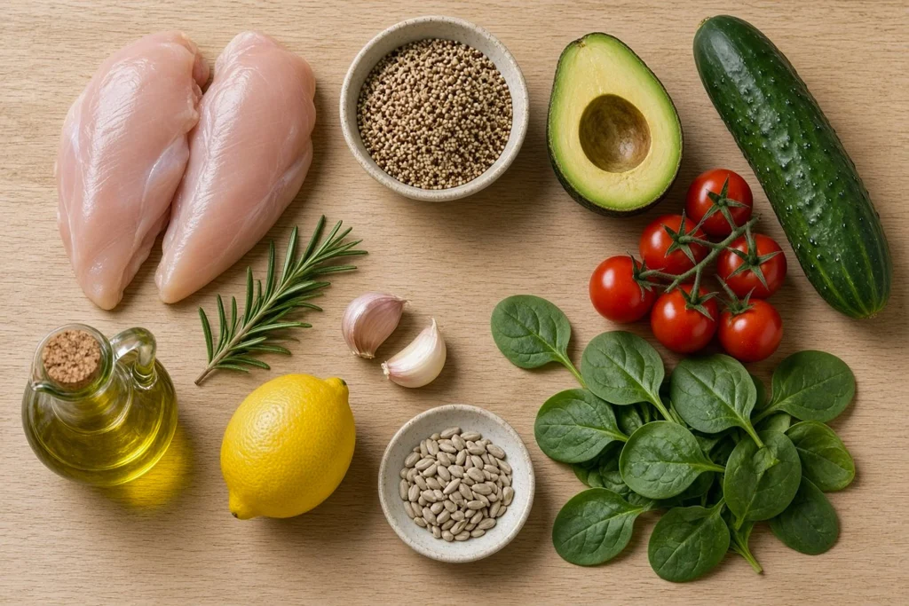 image 10 Fresh ingredients for a grilled chicken quinoa bowl