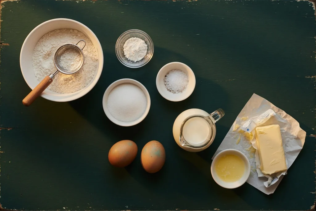 image 2 indreganrt Overhead flat lay of flour, eggs, milk, sugar, and baking powder for Scotch pancakes