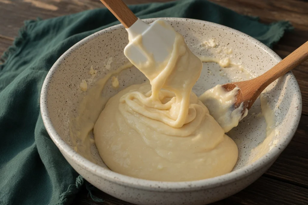 image 3 1 process Pancake batter being gently folded together in a mixing bowl