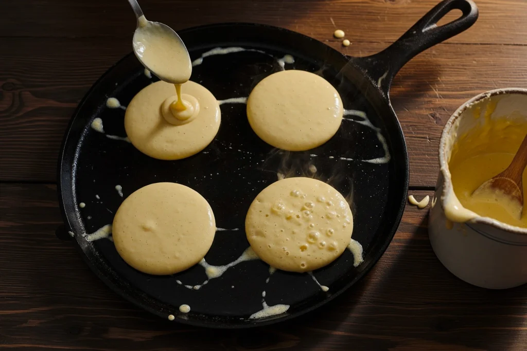 image 4 Scotch pancakes cooking on a griddle with bubbles forming on the surface