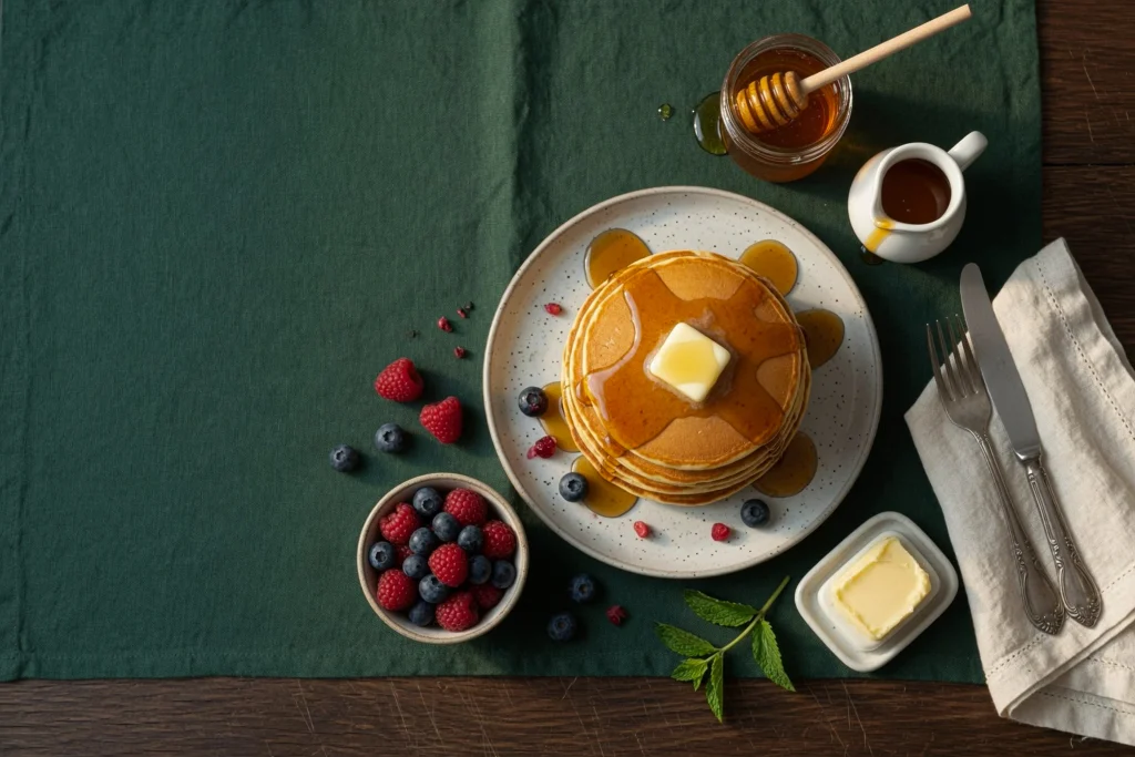 image 8 Overhead shot of Scotch pancakes topped with berries, syrup, and honey