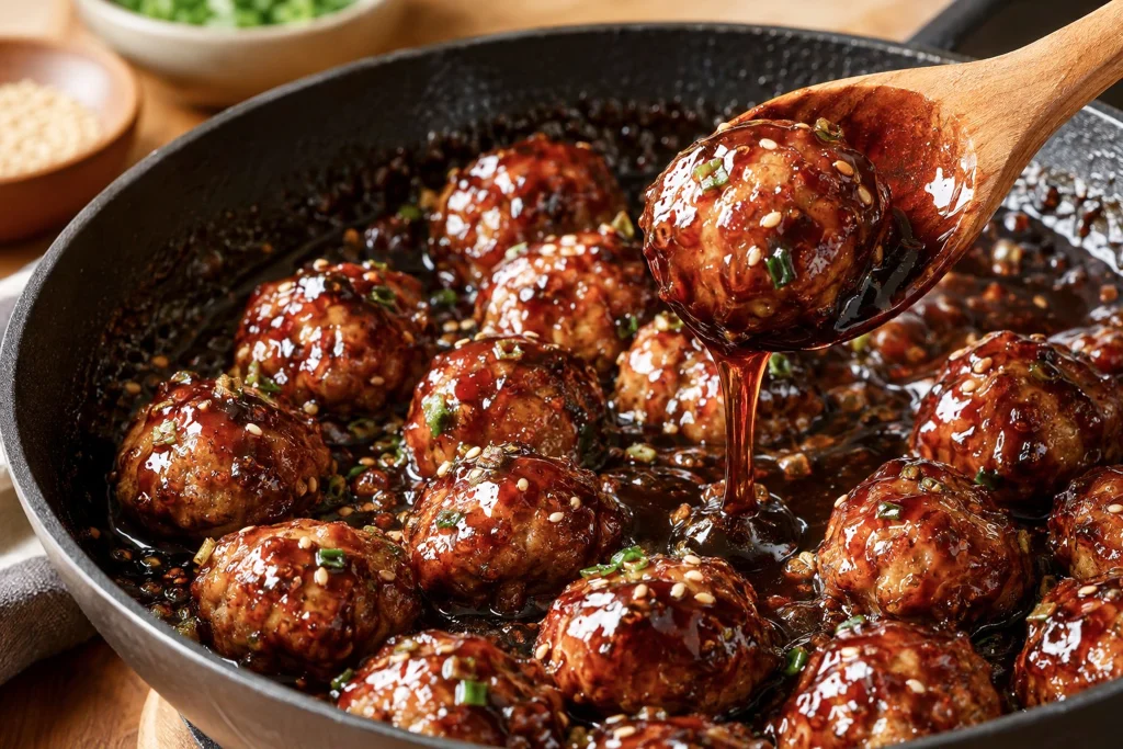 Meatballs coated in sticky teriyaki glaze
