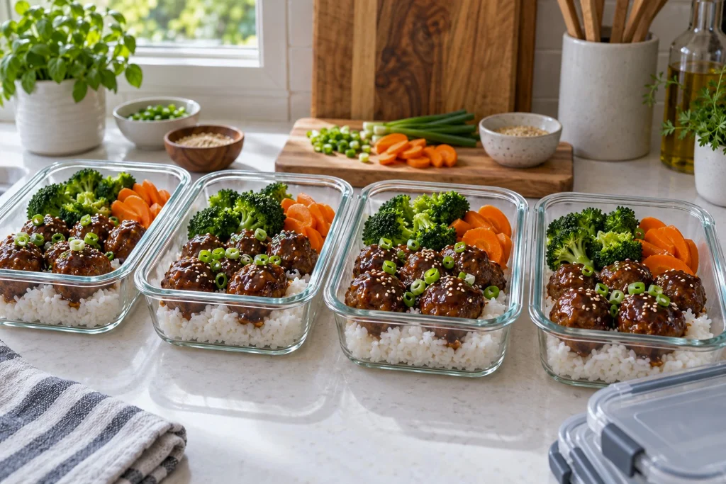 Meal prep containers with teriyaki meatballs and rice