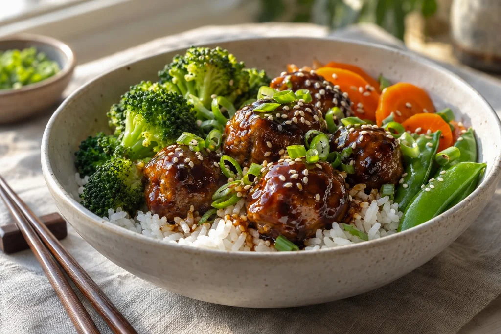 Bowl of teriyaki meatballs with rice and steamed vegetables