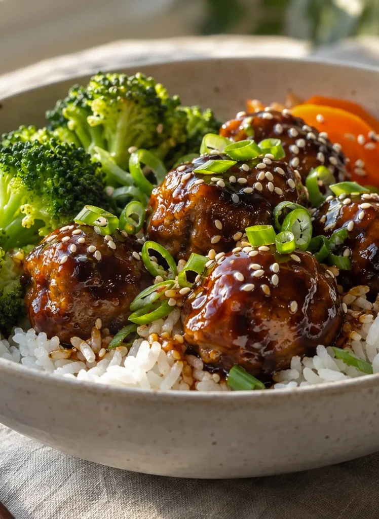 Close-up of a sticky teriyaki meatball on a fork