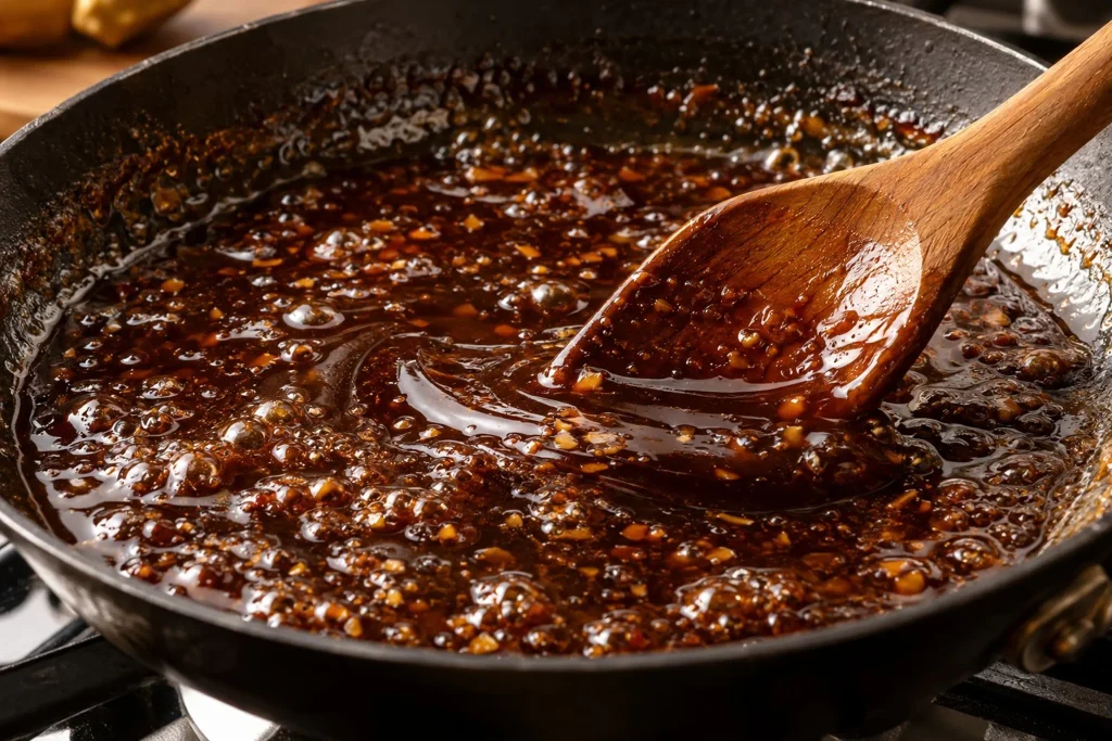 Teriyaki sauce simmering in a pan