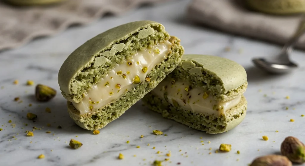 Homemade pistachio macarons on a plate, first batch