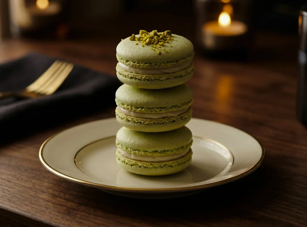 Stack of green pistachio macarons arranged on a white plate with crushed pistachios on top