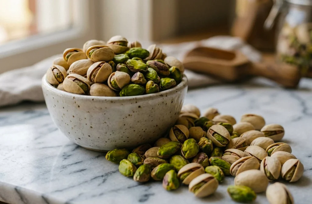 Bowl of shelled and unshelled pistachios on a marble surface with scattered pistachios around it.