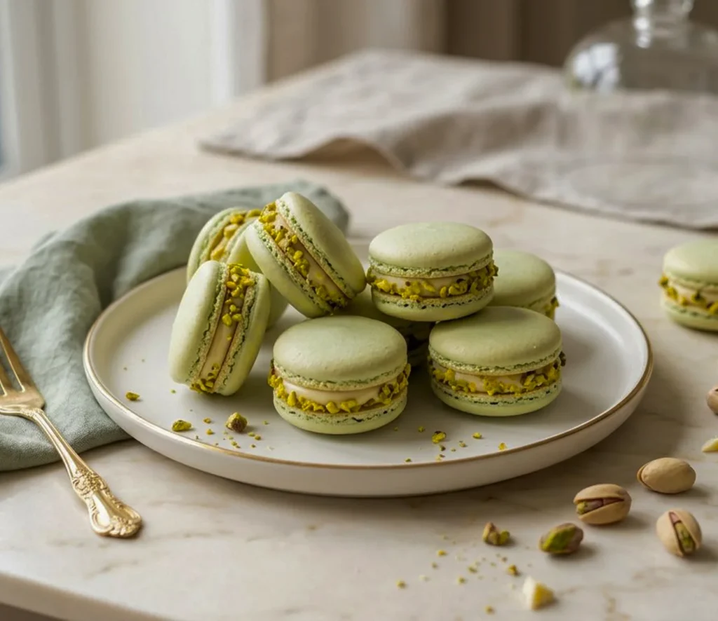 Pistachio and white chocolate macarons arranged on a plate, ready to serve
