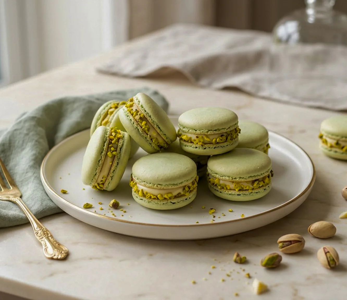 Pistachio and white chocolate macaron recipe card with finished macarons