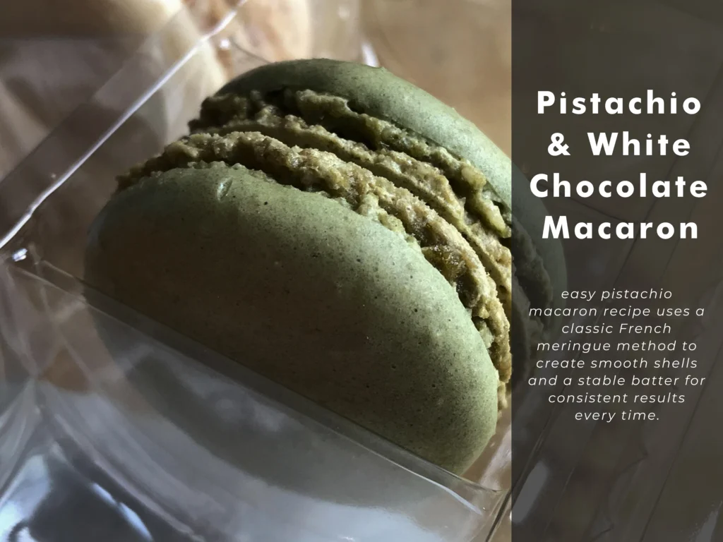 pistachio for hero image hhh (1) Pistachio and white chocolate macarons with smooth French shells filled with creamy ganache, arranged on a plate for a bakery-style dessert