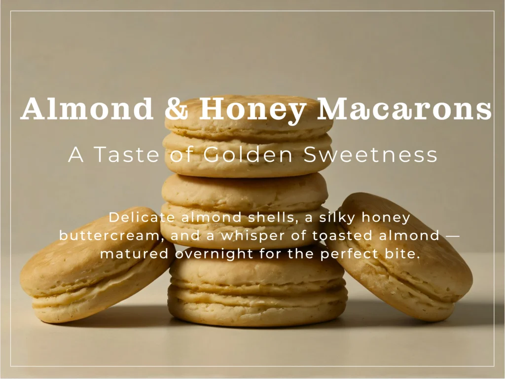 Stack of golden almond and honey macarons with silky buttercream filling on a marble counter