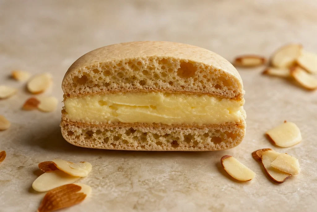 Macaron sliced in half showing the crisp shell and honey buttercream filling
