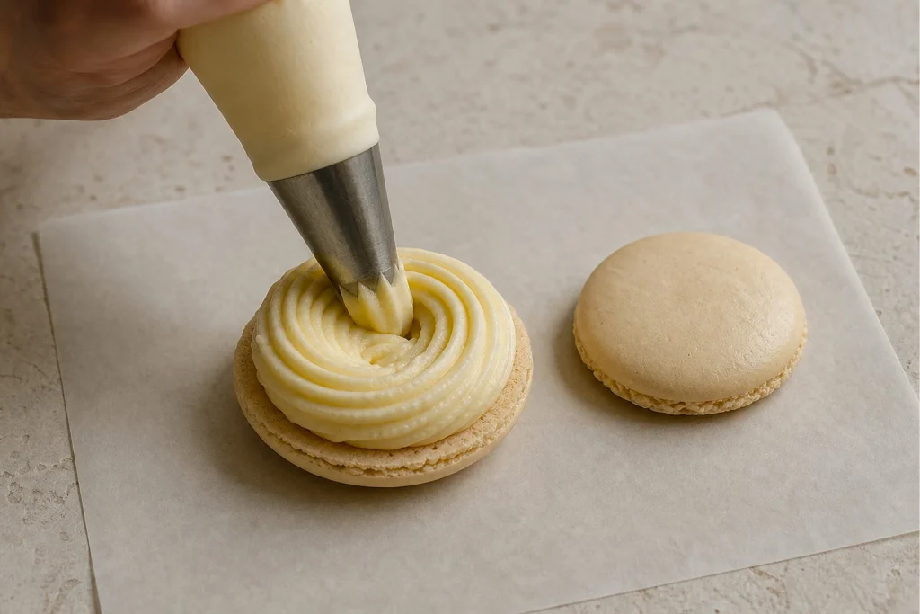 Honey buttercream being piped onto a macaron shell