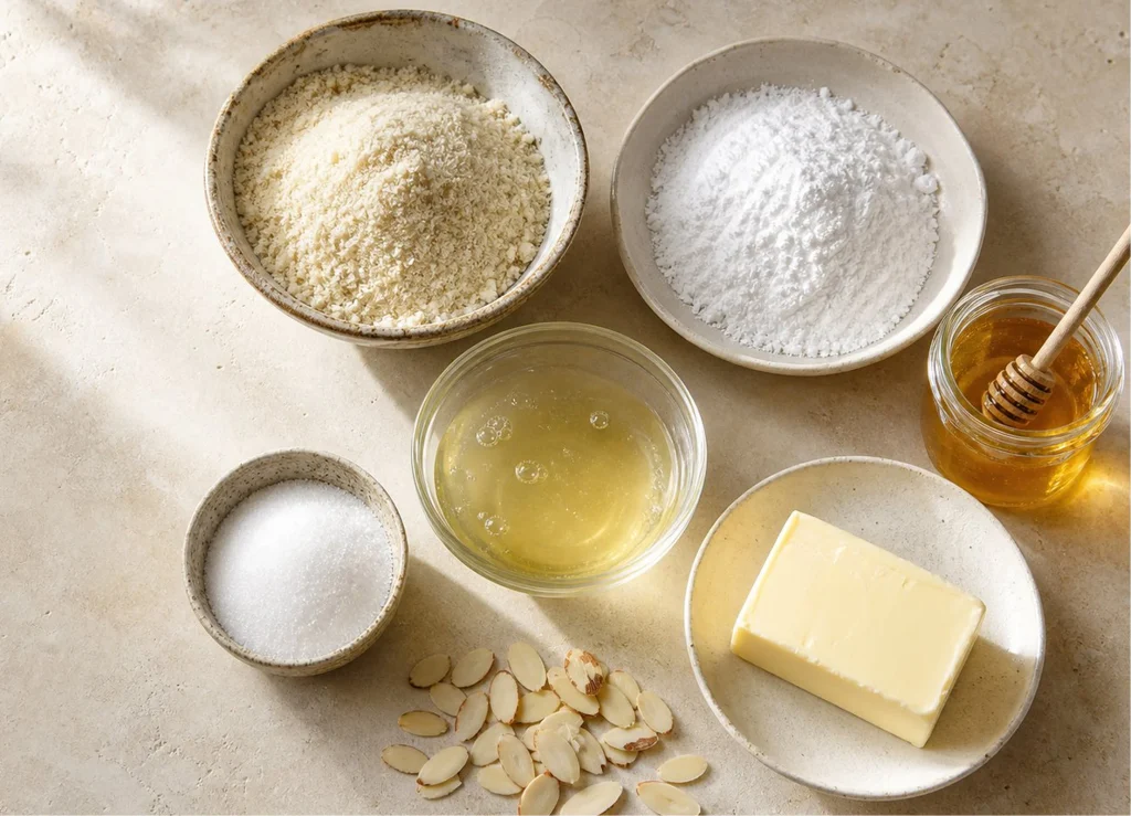 Overhead flat lay of macaron ingredients including almond flour, powdered sugar, egg whites, and honey