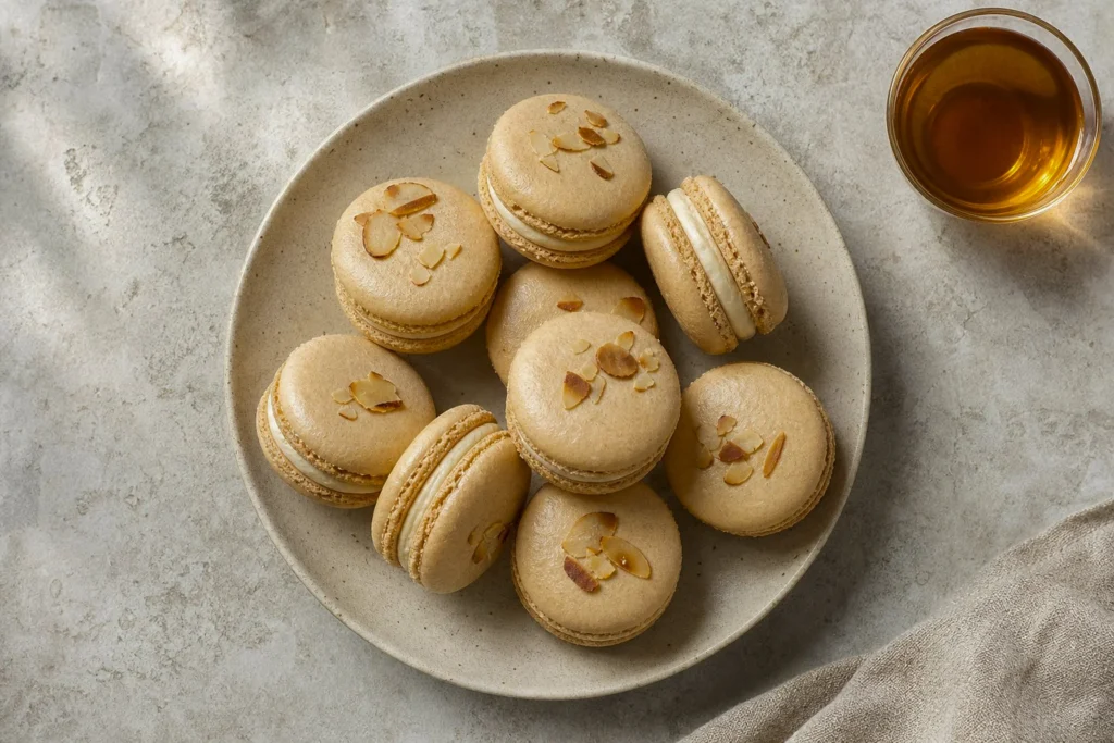 Honey almond macarons stacked on a plate with a jar of honey in the background
