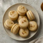 Almond and honey macarons recipe card with finished macarons on a plate