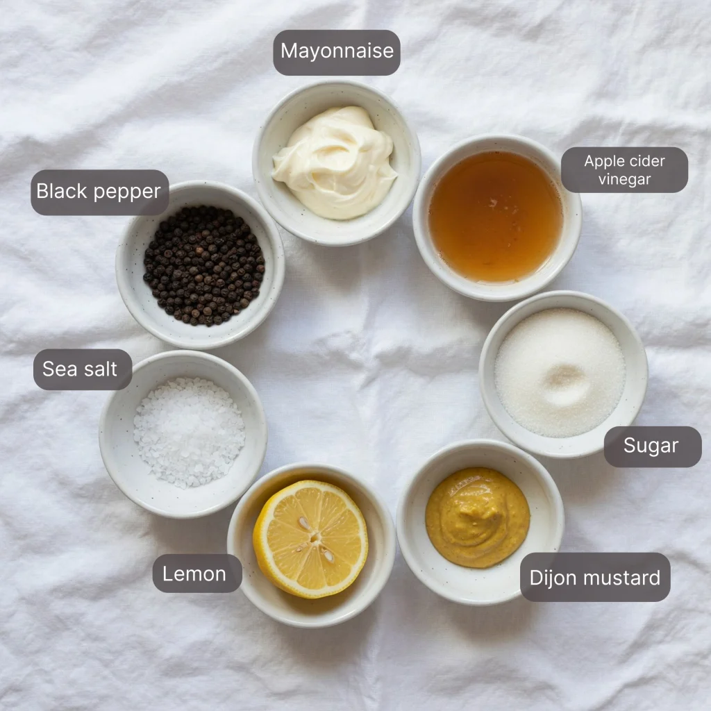Southern coleslaw dressing ingredients including mayonnaise, apple cider vinegar, sugar, lemon, Dijon mustard, sea salt and black pepper