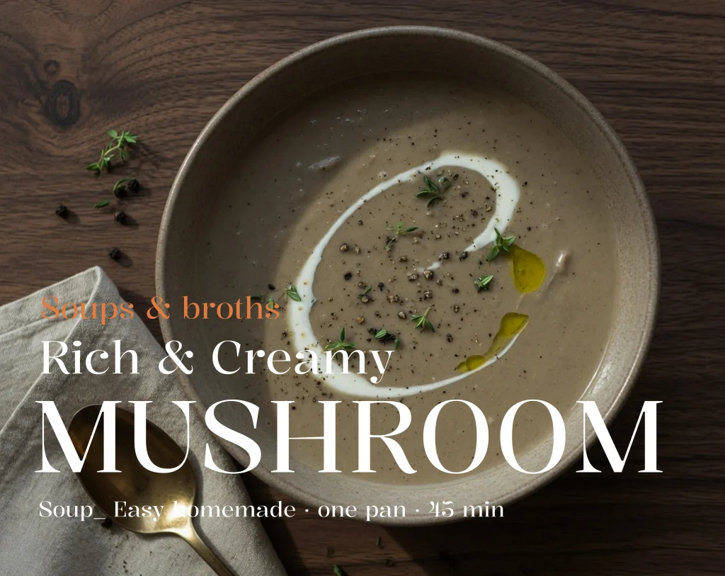 Group 17 heooooooo Rich and creamy mushroom soup served in a bowl, topped with fresh herbs and sautéed mushrooms.