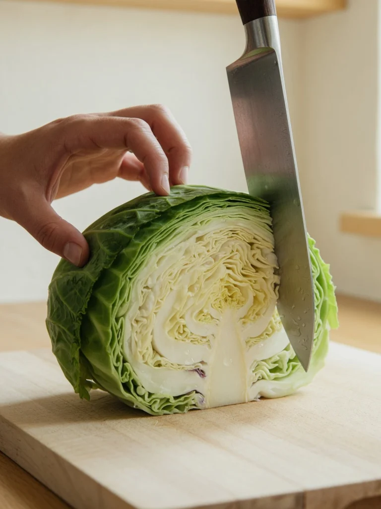 Cutting a cabbage half into thin slices for Southern coleslaw