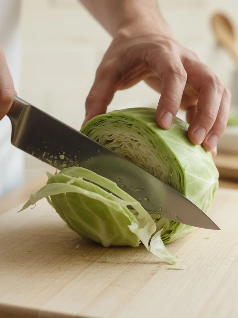 Slicing cabbage into thin strips for homemade Southern coleslaw