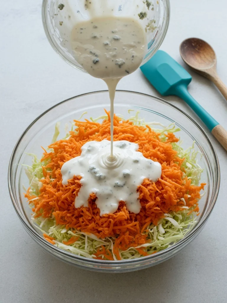 Finished Southern coleslaw served in a bowl, garnished with fresh parsley and crumbled blue cheese.