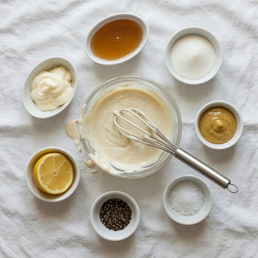 Homemade coleslaw dressing ingredients whisked together in a bowl for Southern coleslaw